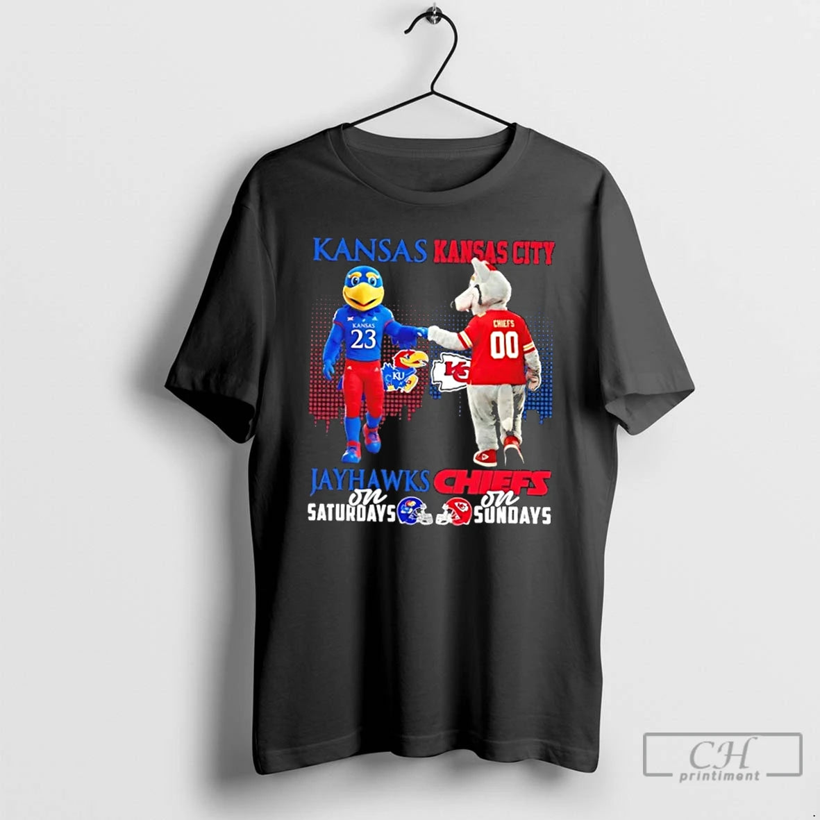 Classic Mascots Kansas Jayhawks On Saturdays X Kansas City Chiefs On Sundays Skyline T Shirts