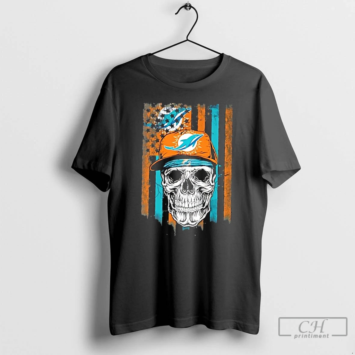 Classic Skull Wearing A Cap Miami Dolphins Us Flag