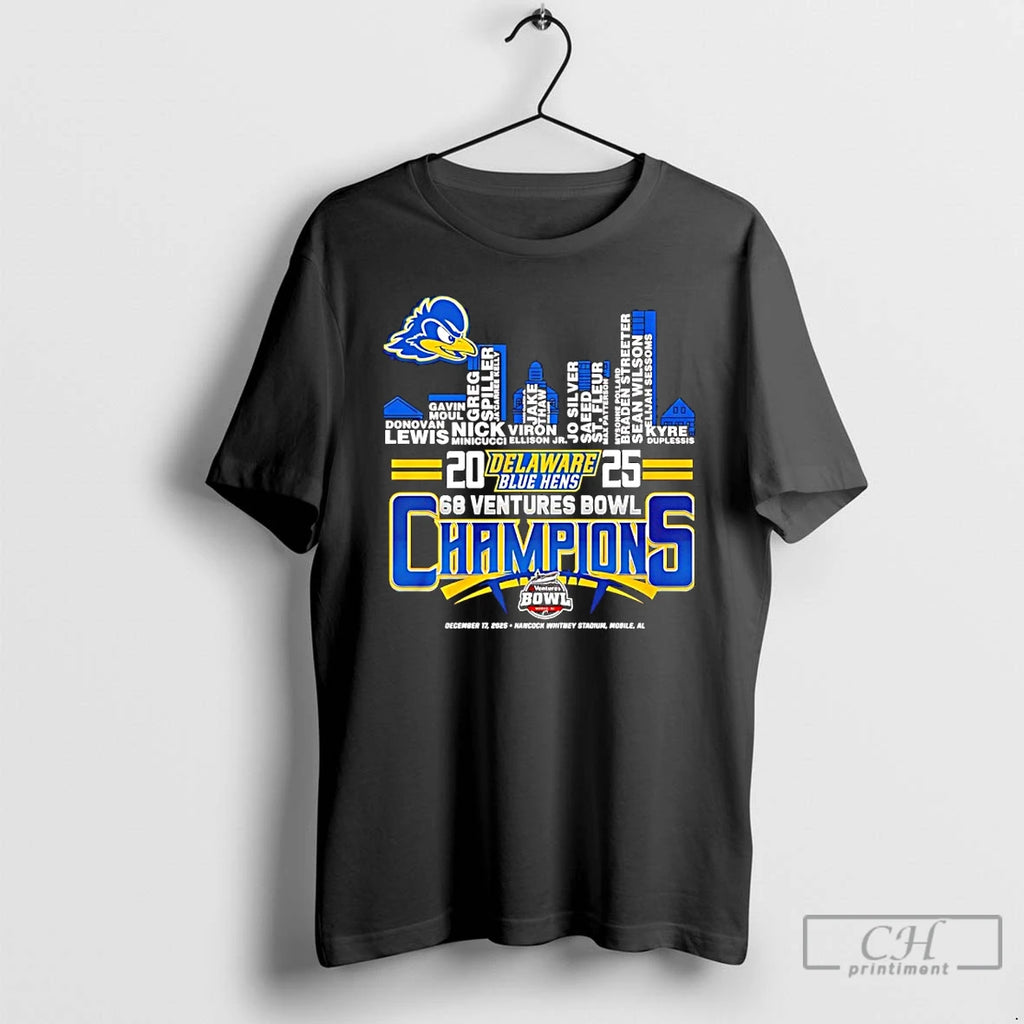 Classic Delaware Blue Hens 2025 68 Ventures Bowl Champions Player Name Skyline T Shirts Sweater