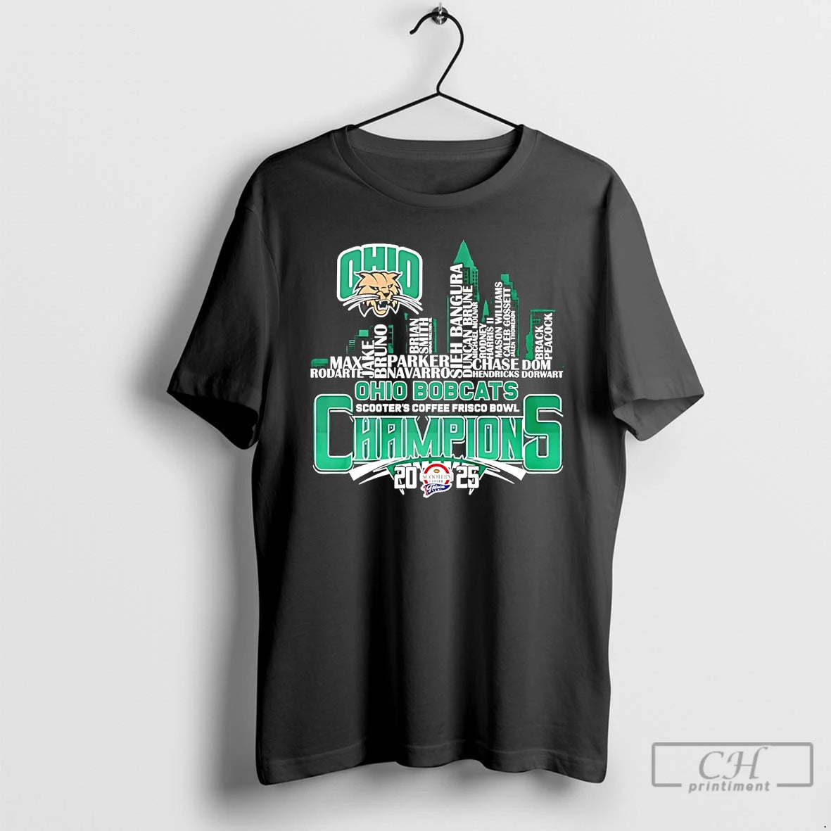 Classic Ohio Bobcats 2025 Scooters Coffee Frisco Bowl Champions Player Names City Skyline T Shirts