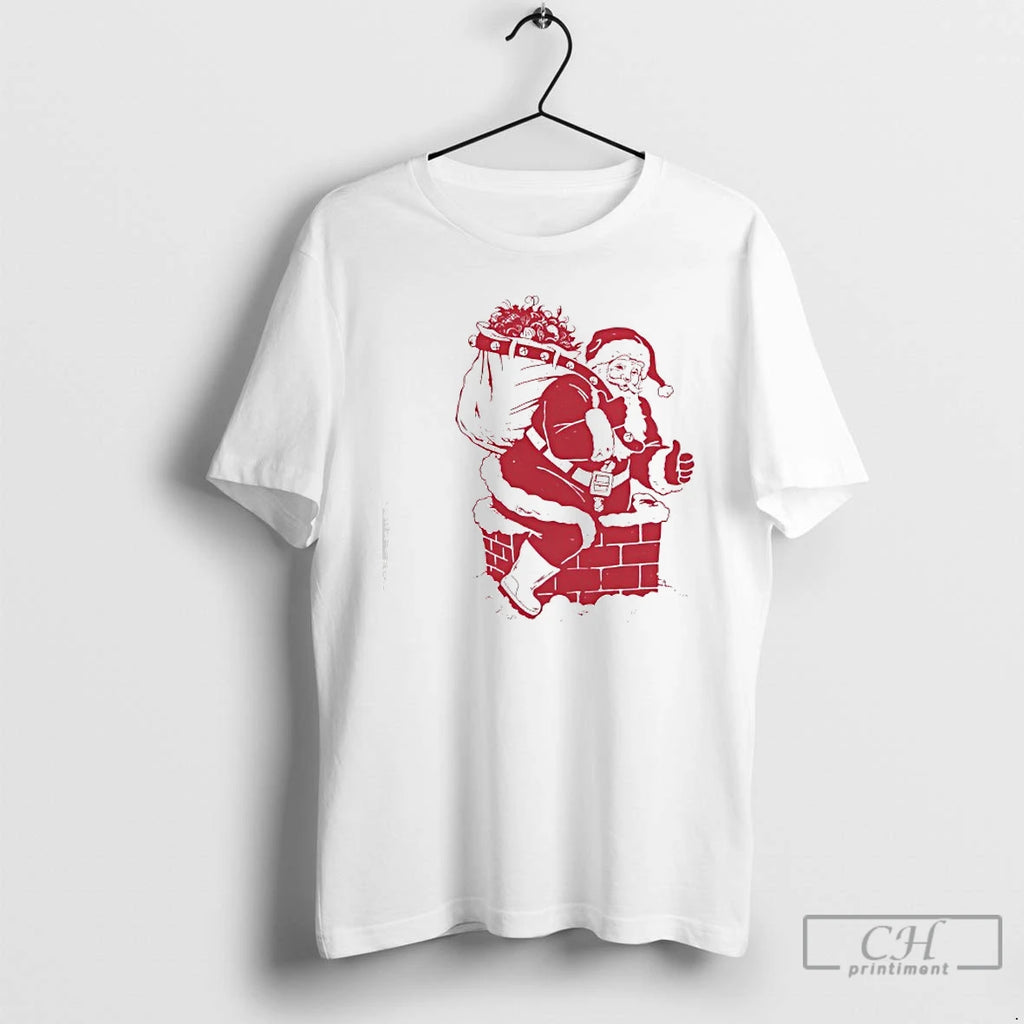 Classic Santa Claus Climbs Into The House Through The Chimney Merry Christmas T Shirts Sweater