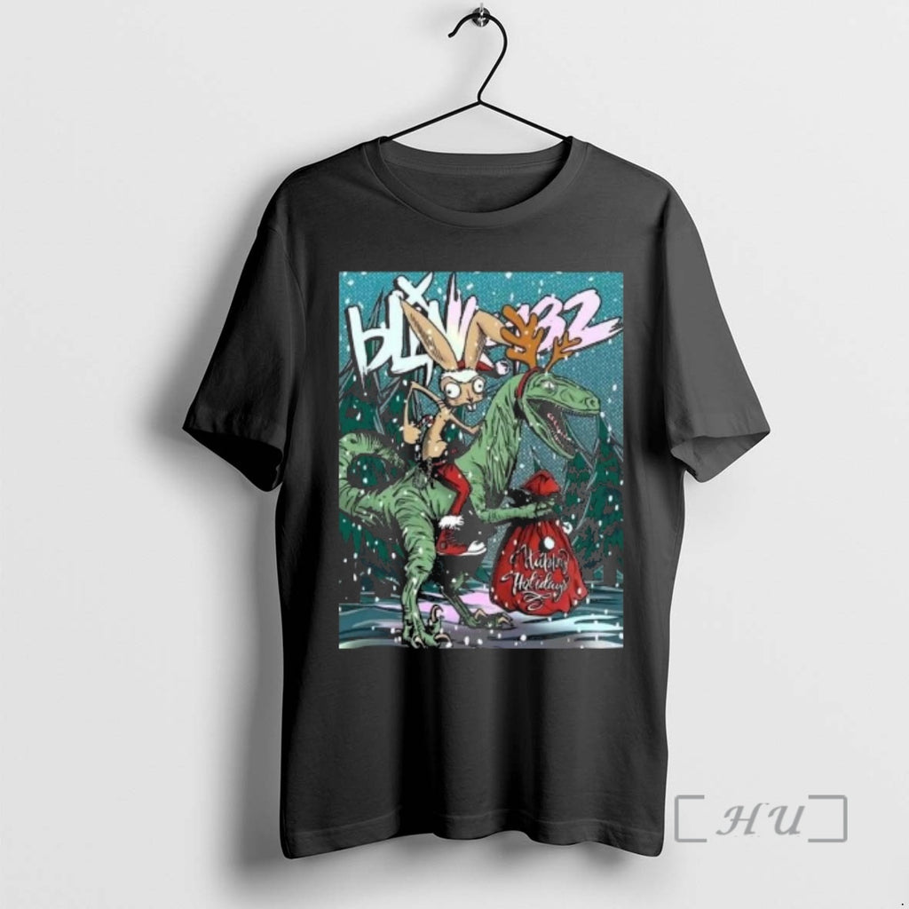 Officials Blink 182 Happy Holidays 2025 Merry Xmas Rabbit Riding Velociraptor Premium T Shirts Sweater
