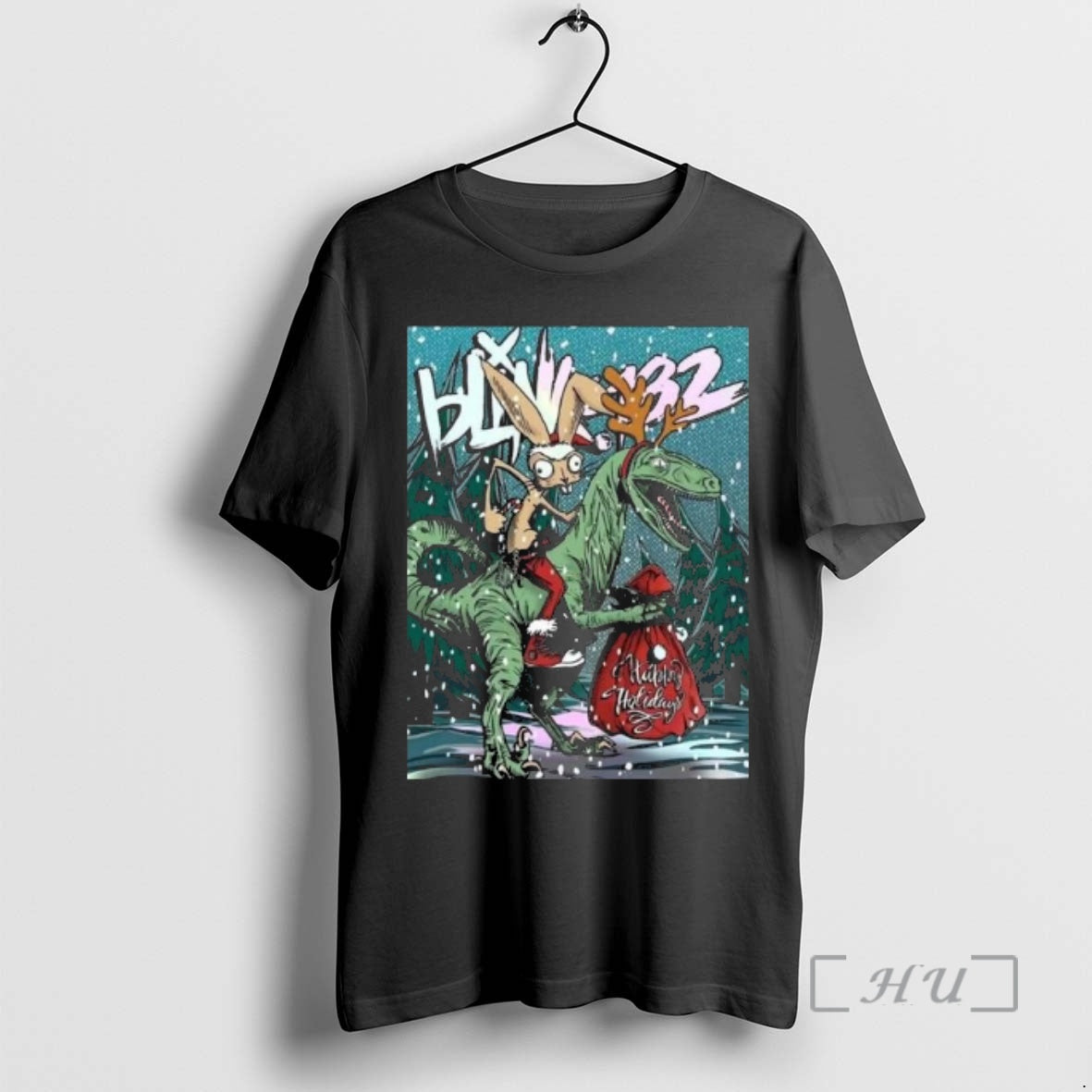 Officials Blink 182 Happy Holidays 2025 Merry Xmas Rabbit Riding Velociraptor Premium T Shirts Sweater