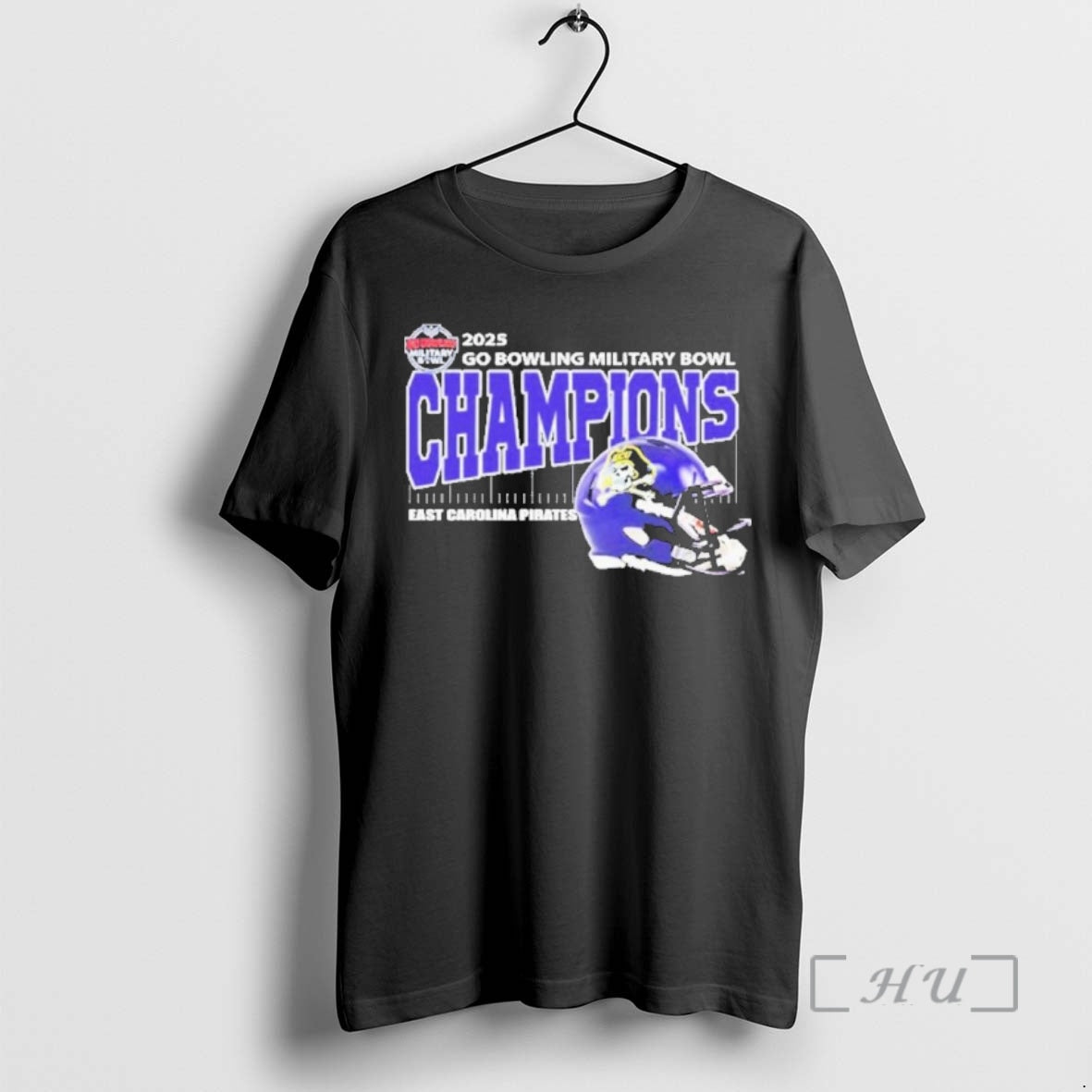 Officials East Carolina Pirates Football 2025 Go Bowling Military Bowl Champions Helmet Premium T Shirts