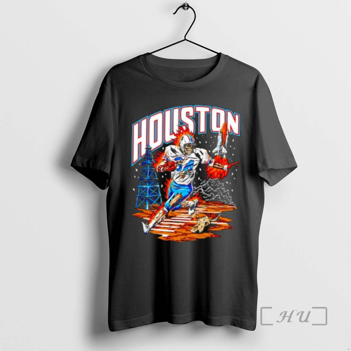 Officials Houston Oil Derricks Space Shuttle Skeleton Football Player 34 Running On Fire Premium