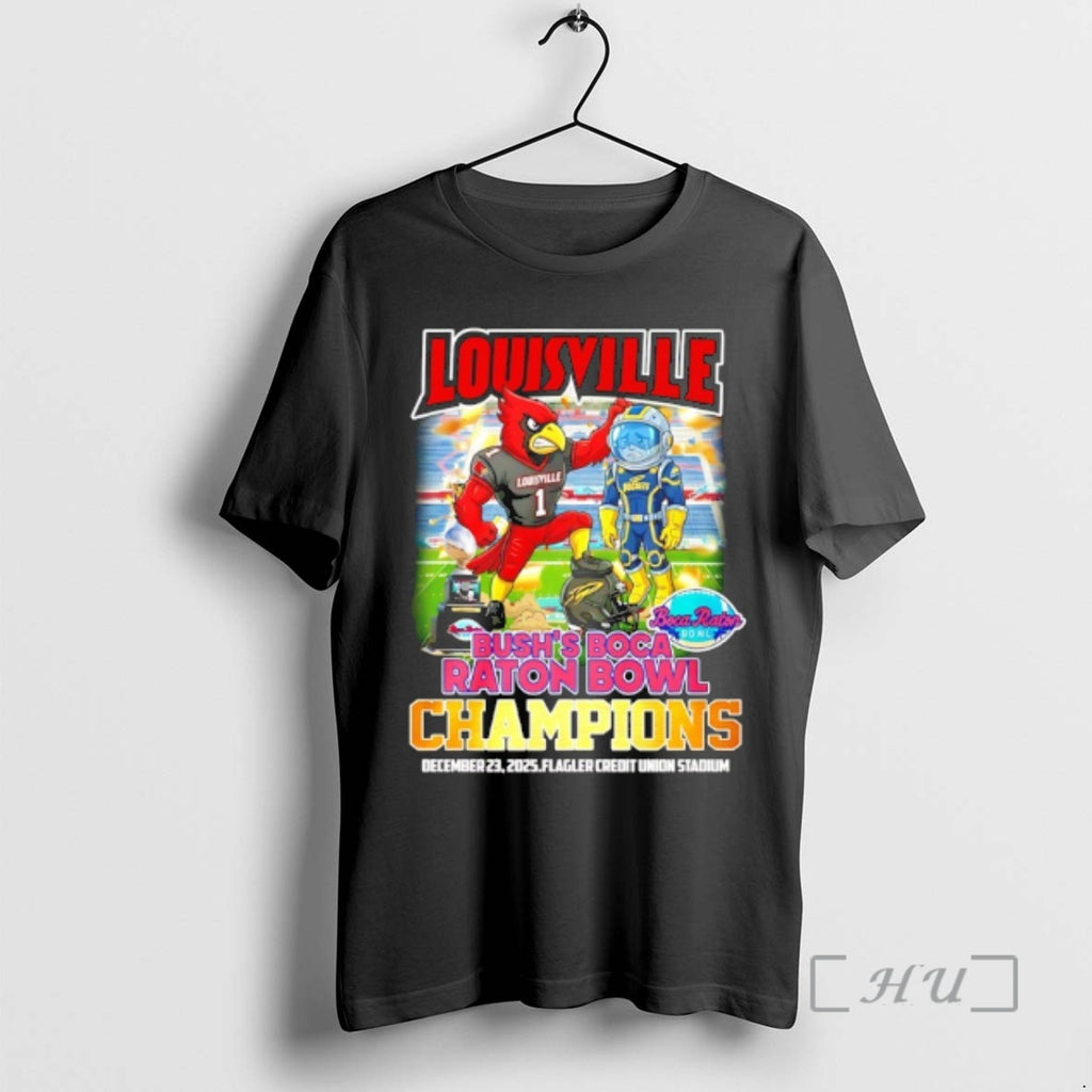 Officials Louisville Cardinals 2025 Bushs Boca Raton Bowl Of Beans Champions Mascot Premium T Shirts