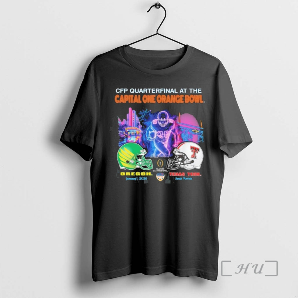 Officials Oregon Vs Texas Tech 2026 Cfp Orange Bowl Art Deco Game Premium T Shirts