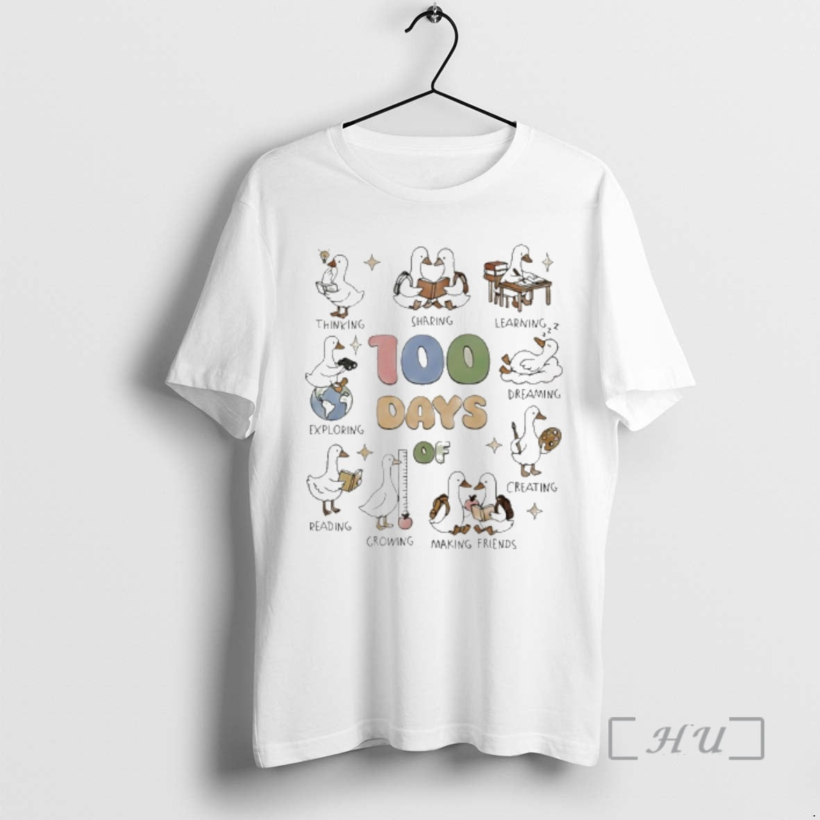 Trending Goose 100th Day School Think Shaking Learning Exploring Dreaming Reading Creating Premium T Shirts