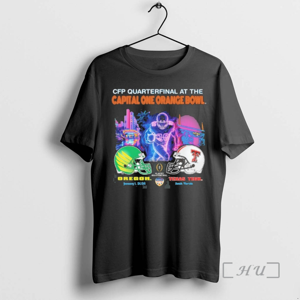 Trending Oregon Vs Texas Tech 2026 Cfp Orange Bowl Art Deco Game Premium T Shirts