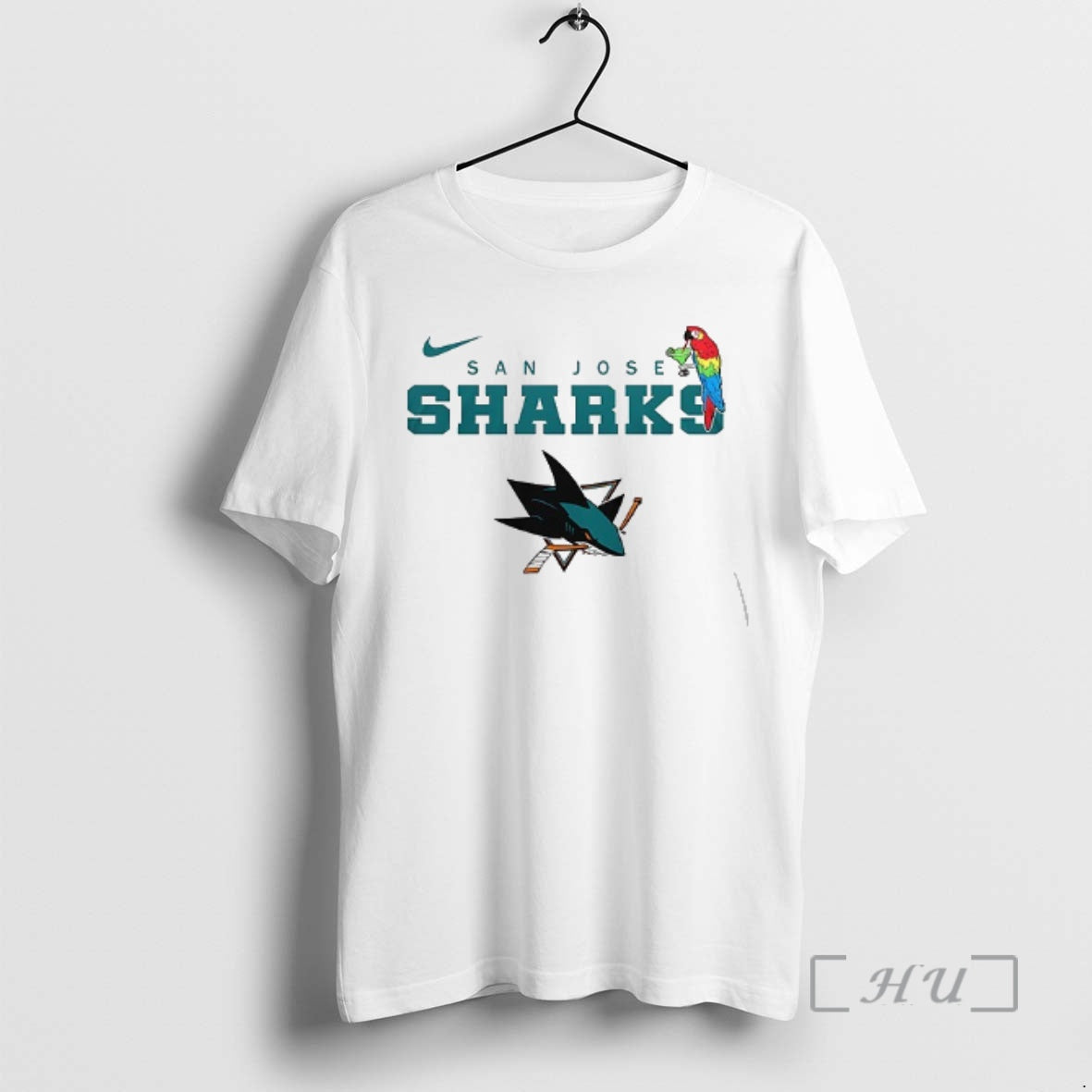 Trending San Jose Sharks X Jimmy Buffett Parrot Mascot Double Sided Graphic Premium T Shirts