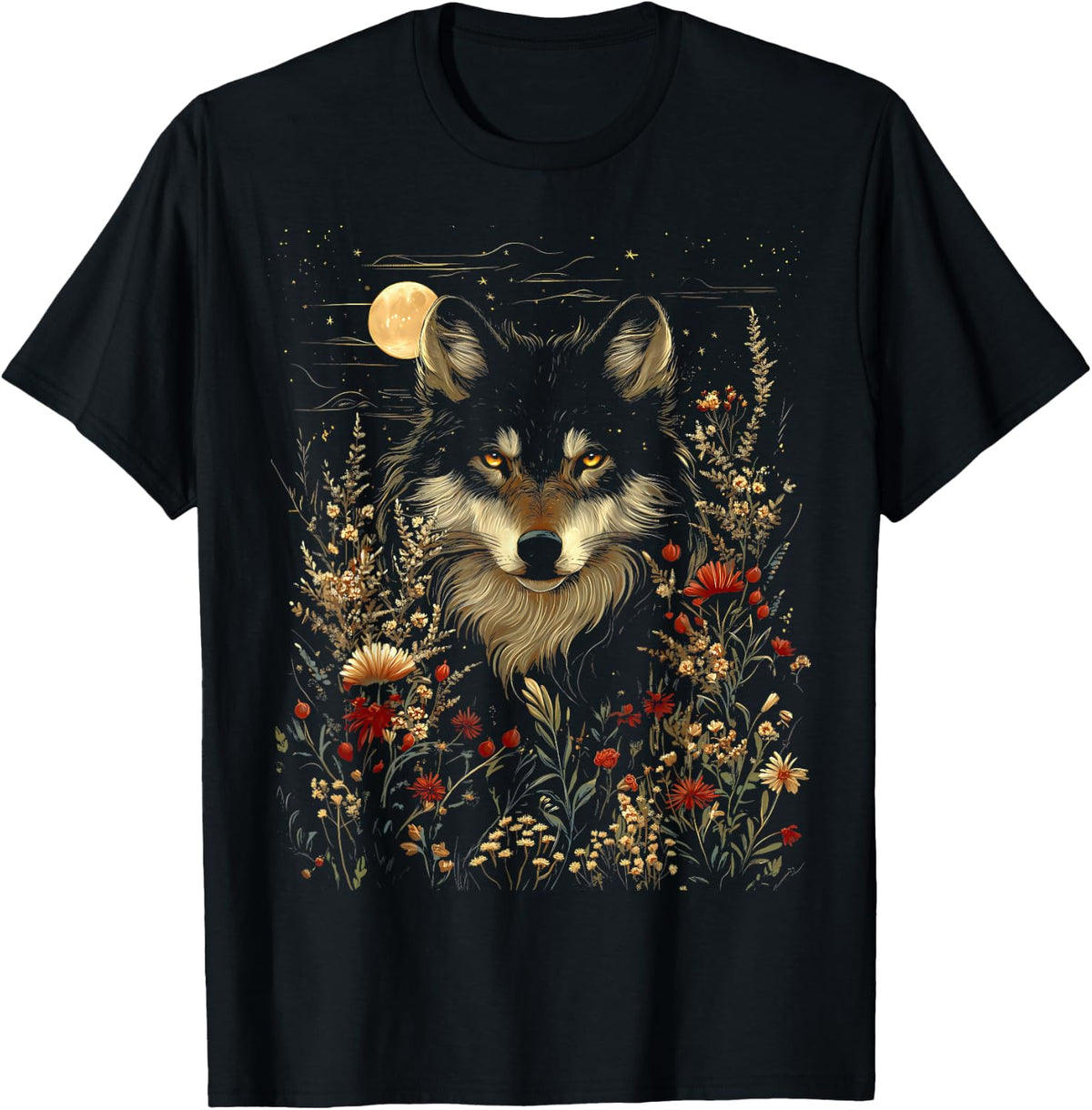 Black Wolf Full Moon Boho Floral Mystical Unisex T-shirt, Sweatshirt, Hoodie (1)